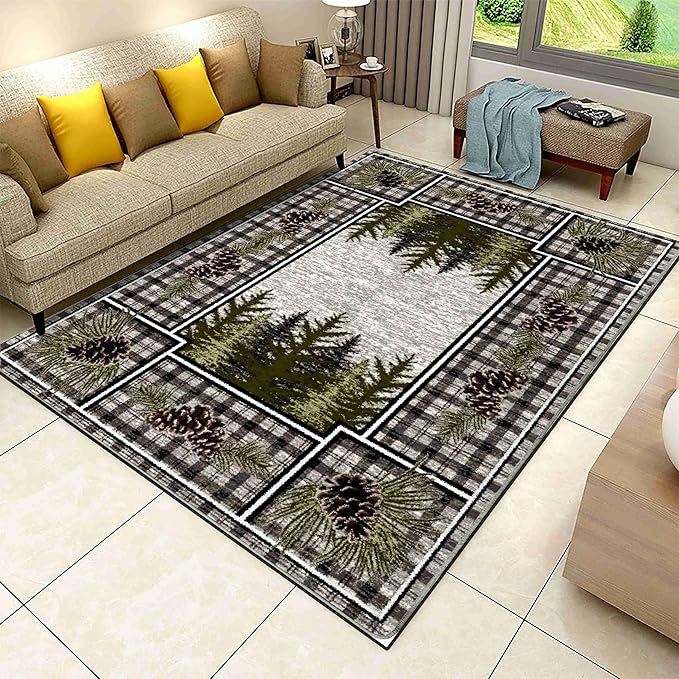 Vintage Buffalo Plaid Area Rug, 6x8ft, Rustic Cabin Pine Cone Pattern Rug, Country Lodge Nature Plants Rugs, Soft Floor Rug Non-Skid Carpets for Living Room Farmhouse Indoor Floor Mat