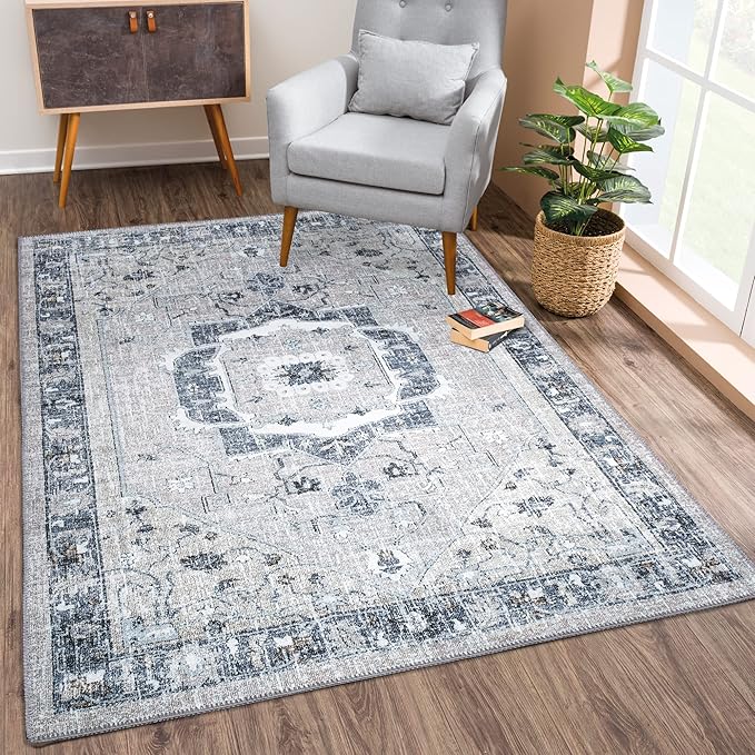 Bloom Rugs Washable Non-Slip 3' x 5' Rug - Pebble Gray/Blue Traditional Medallion Area Rug for Living Room, Bedroom, Dining Room, and Kitchen - Exact Size: 3' x 5'