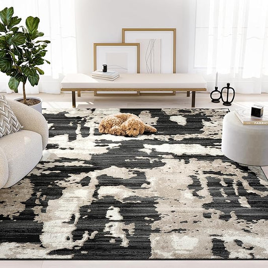 Abani Terra Cream Area Rug for Living Room, Bedroom - Black Abstract Pattern - 5' x 8' - Durable & Easy to Clean