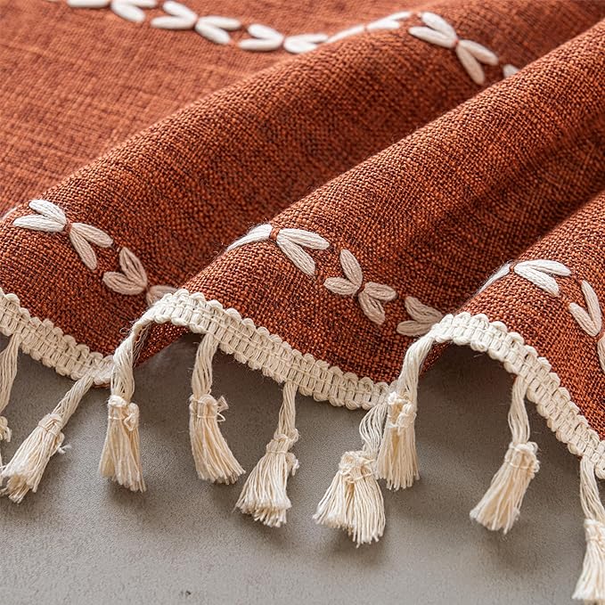 Sutuo Home Terracotta Boho Farmhouse Curtains for Bedroom Dining Room, Bohemian Orange Light Filtering Vintage Tassels Privacy Window Treatment Embroidery Drape, Rod Pocket 1 Panel 52" W x 96" L