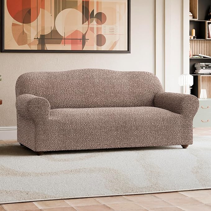 PAULATO BY GA.I.CO. Sofa Slipcover - Stretch Couch Cover - Stylish Cushion Sofa Cover - Soft Polyester Fabric Slipcover - 1-Piece Form Fit Washable Protector for Pet - Mille Righe Collection - Camel