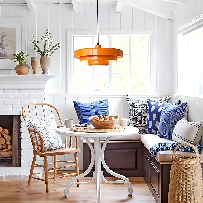 Modern Large Pendant Light Fixture, 17.7 inch Vintage Orange Ceiling Hanging Lamp with 3-Layer Metal Shade, Height Adjustable, Mid Century Chandelier for Kitchen Island Lighting,Dining Room