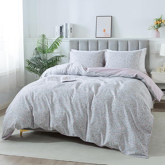 HoneiLife Floral Duvet Cover Queen - 100% Cotton Comforter Cover, Botanical Bedlinen Set with Zipper Closure & Corner Ties, 3-PC Wildflower Comforter Cover Sets