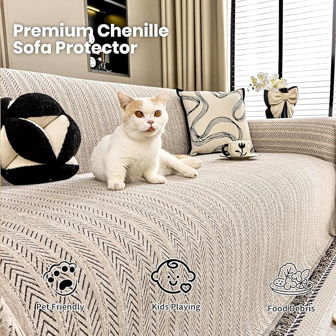 Nobildonna Sofa Cover Washable Soft Thicken Chenille Couch Cover with Tassel,Waterproof Sofa Slipcover for 3-4 Cushion Couch,Sectional Sofa,L-Shaped Furniture Protector Pet-Friendly,Brown 71"x134"