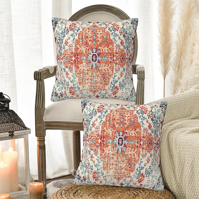 Boho Pillow Covers 18X18 Set of 2, Boho Carpet Decorative Throw Pillow Covers,Vintage Boho Rug Design Pillow Cover Pillowcase Cushion Case for Home Sofa Couch Indoor Outdoor Decorations