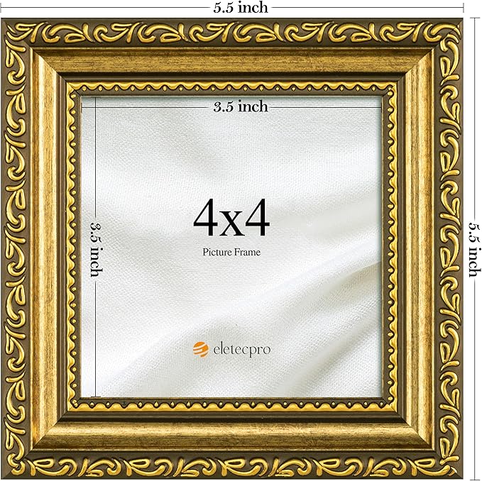 eletecpro 4x4 Picture Frames Set of 2, Ornate Vintage Photo Frame with Glass, Rustic Gold Frames Display 4 x 4 Photo for Tabletop, Gold
