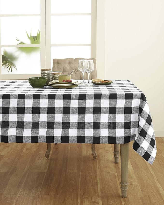 Solino Home Linen Checkered Tablecloth 60 x 90 Inch - 100% Pure Linen Black and White Buffalo Plaid Table Cloth for Rectangle Tables - Machine Washable Tablecloth for Fall, Autumn, Thanksgiving