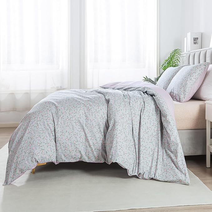 HoneiLife Floral Duvet Cover Queen - 100% Cotton Comforter Cover, Botanical Bedlinen Set with Zipper Closure & Corner Ties, 3-PC Wildflower Comforter Cover Sets