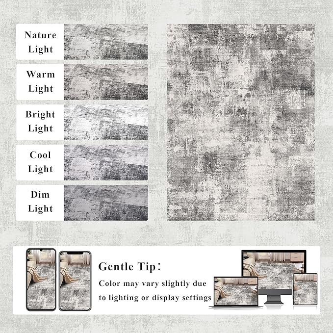 6x9 Modern Abstract Rug Washable Area Rugs for Living Room Bedroom Dining Room Non-Slip Low Pile Neutral Large Rug Soft Indoor Floor Carpet, Gray