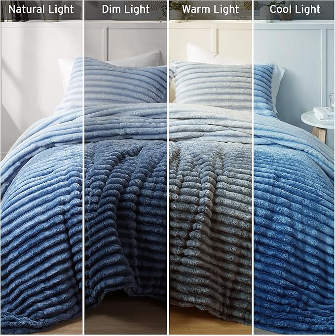 Intelligent Design Queen Comforter Set, Plush Bedding, Microfiber Reverse, 3 Piece, Lightweight, Super Soft Ribbed Velvet Comforter 2 Shams, All Season Fluffy Bed Set, Avril, Full/Queen Blue Ombre