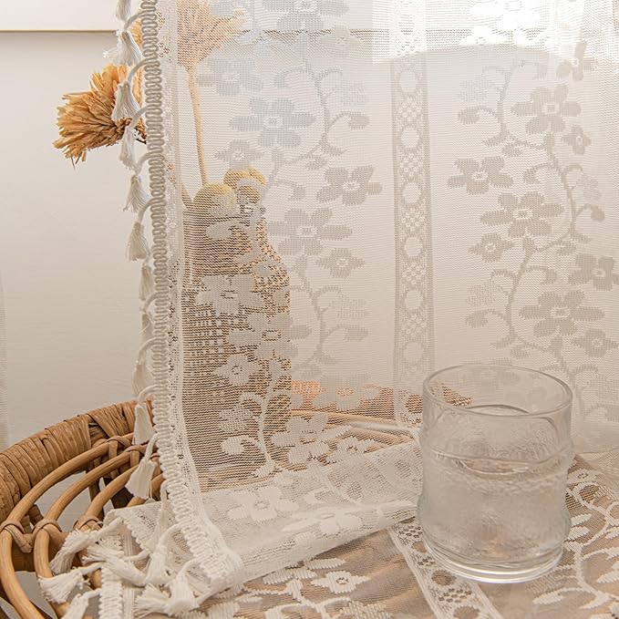 Sutuo Home Boho Curtains 2 Panels 84 Inches Length for Bedroom, Window Treatments Bohemian Sheer Crochet Lace Vintage Drapes Pair, Country White Florals Knitted Handmade Tassels Rod Pocket, 52" x 84"