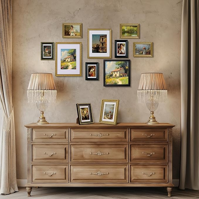 eletecpro 12x12 Picture Frames Set of 2, Vintage Photo Frames with Glass, Ornate Frame 12 x 12 Display 8x8 Photo with Mat or 12x12 without Mat for Home Wall Decor, Black