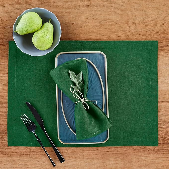 Solino Home Linen Cloth Placemats Set of 4 - 100% Pure Linen Pine Green Placemats 14 x 19 Inch for Christmas, New Year - Fete