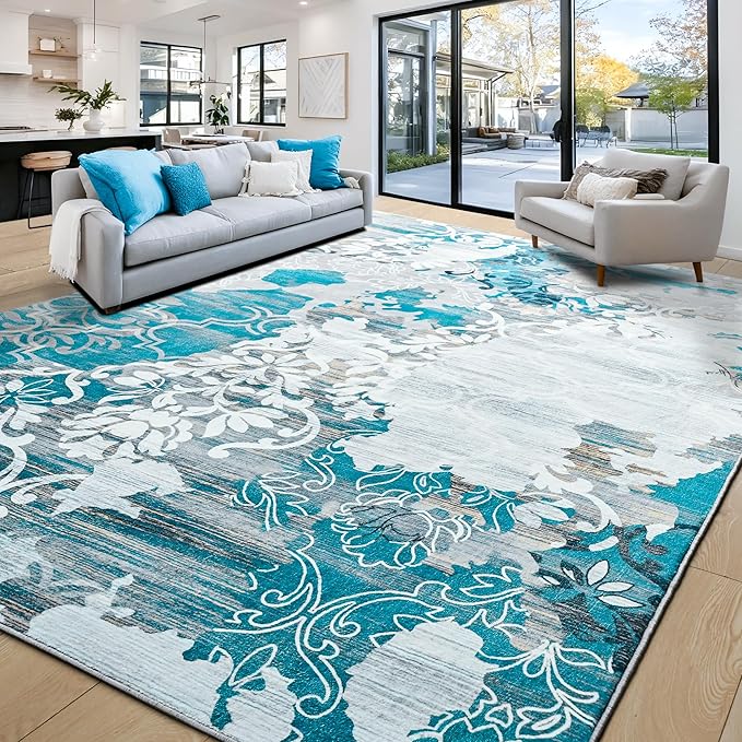 Keeko 8x10 Area Rugs for Living Room,Modern Abstract Floral Pattern Rugs for Bedroom,Soft Washable Rug with Non-Slip Backing Low-Pile Non-Shedding Carpet for Kitchen Home Office Dining Table - Blue