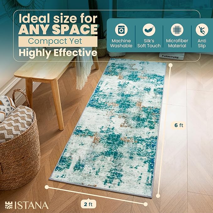 Istana Hallway Runner Rug 2x6 - Green Kitchen Rugs Non Slip Washable -Silk's Soft Touch Carpet Runner - Stylish Rug for Home