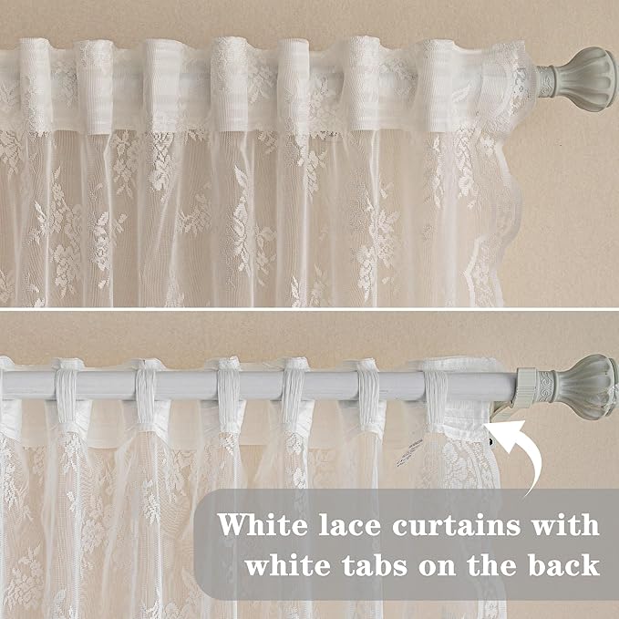 MEETSKY Short Lace Curtains 45 Inches Long 2 Panels Set Vintage Floral Sheer Kitchen Curtains for Small Windows Back Tab Rod Pocket French Elegant Light Filtering Drapes, 50" W Each Panel, White