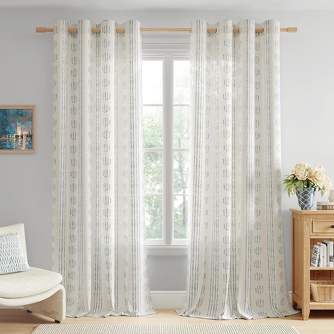 Boho Curtains for Bedroom Living Room Blue Farmhouse Boho Curtains 84 Inches Long Geometric Striped Patterned Mudcloth Grommet Top Light Filtering Window Drapes 2 Panels Blue on Beige