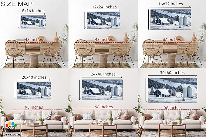 GUTTATY Christmas Winter Scene Canvas Wall Art, Barn Snow Farm Landscape Canvas Prints, Holiday Pictures Artwork, Blue White Country Wall Decor Poster for Living Room, Bedroom, Farmhouse, 16x8 Inch