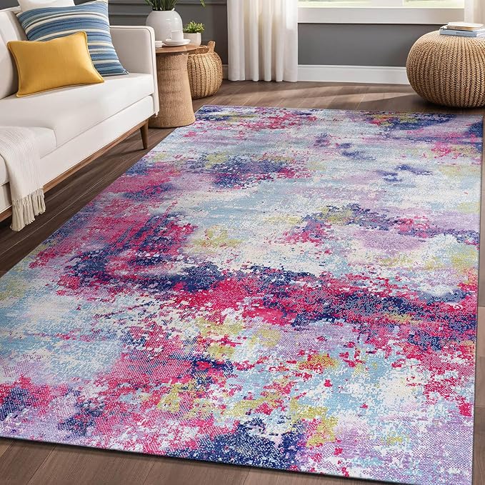 Machine Washable Rugs 8x10 Modern Abstract Non Slip Rubber Backing Soft Area Rug for Living Room Easy to Clean Non Shedding Kitchen for Bedroom Indoor Carpet (Lilac - Purple, 8x10)