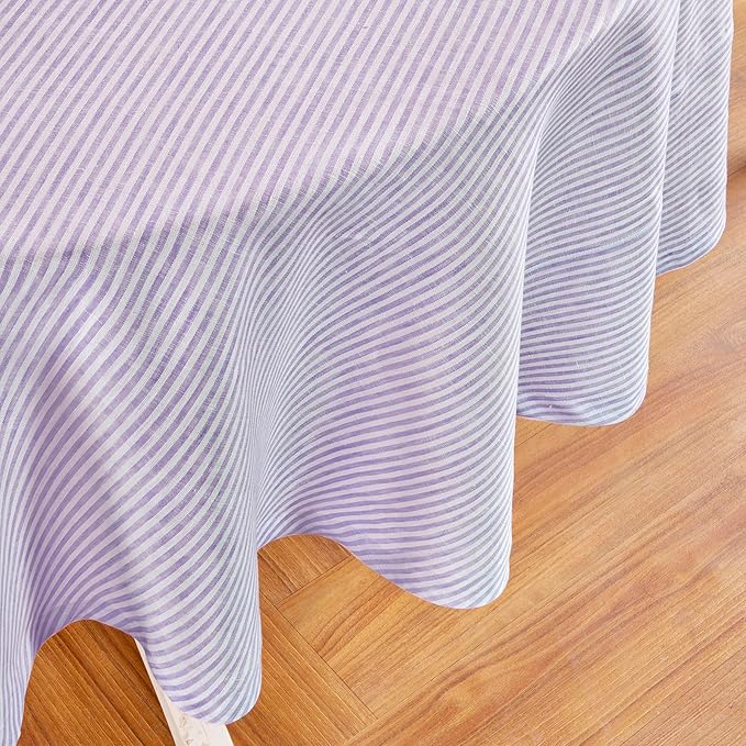 Solino Home Linen 60 Inch Round Tablecloth - Narrow Stripe, 100% Pure Linen Lavender and White Round Tablecloth - Machine Washable Table Cloth