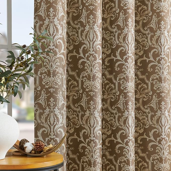 jinchan Room Darkening Curtains for Bedroom Brown Damask Patterned Curtains 108 Inch Length for Living Room Linen Textured Vintage 9FT Long Drapes Medallion Window Treatments Grommet Top 2 Panels Set