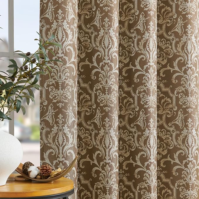 jinchan Room Darkening Curtains for Bedroom Brown Damask Patterned Curtains 63 Inch Length for Living Room Linen Textured Vintage Drapes Medallion Window Treatments Grommet Top 2 Panels Set