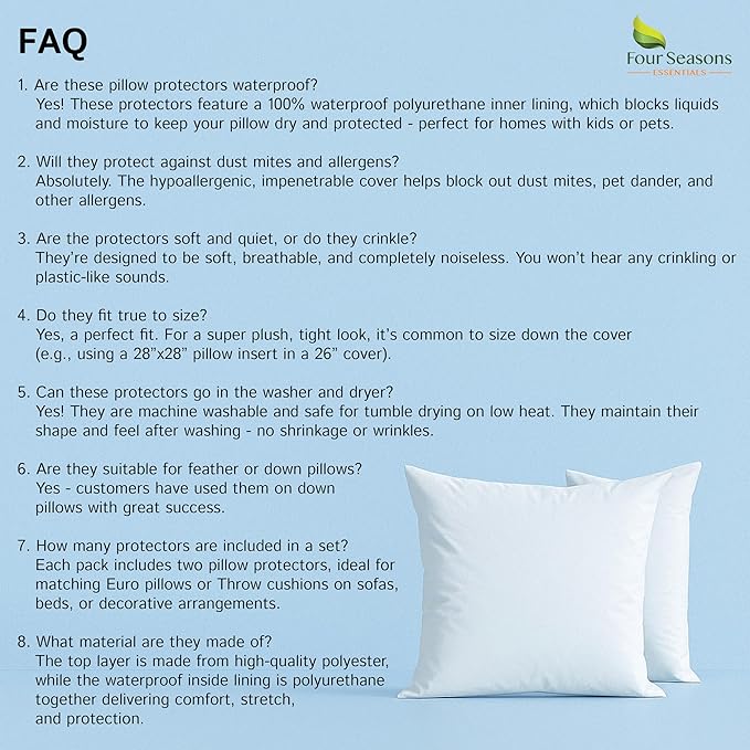 Euro Size Pillow Protectors (Set of 2) - European Square 28x28 Pillow Covers Waterproof Hypoallergenic Dust Proof Zippered Encasement
