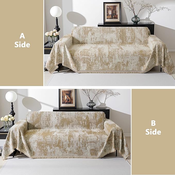 MEETSKY Couch Cover Sofa Cover Washable, Chenille Abstract Geometric Boho Sofa Covers for 2 Cushion Couch Sofa, Sofa Slipcover Love seat Pet Couch Covers for Sectional Sofa, 71" x 118", Khaki