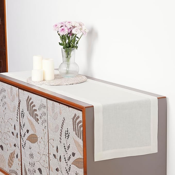 D'Moksha Homes Linen Ivory Table Runner 120 Inches Long - 100% Pure Linen Dining Table Runner 14 x 120 Inch for Winter, Christmas, Holiday - Machine Washable