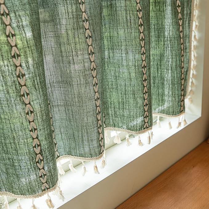 Sutuo Home Olive Green Boho Short Curtains Valance with Tassles, Bohemian Linen Light Filtering Vintage French Country Christmas Window Treatment Embroidery Drape, Rod Pocket 1 Panel 52" W x 18" L