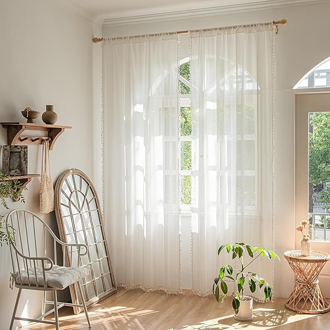 Sutuo Home Boho Curtains 2 Panels 63 Inches Length for Bedroom, Window Treatments Bohemian Geometry Knitted Sheer Crochet Lace Vintage Cotton Drapes Pair Tassels, Rod Pocket, 52" x 63" Ivory