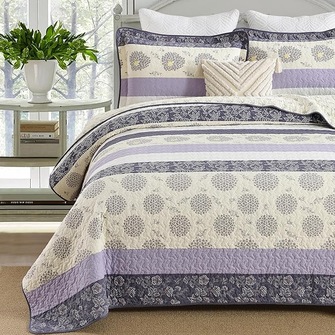 Homzard Floral Comforter Set Queen Size,Purple Lavender Beige Queen Size Quilt Set,All Cotton Quilted Comforter,Striped Floral Pattern Bedding Bedspread, 3 Piece All Season