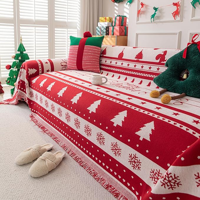 Christmas Couch Cover, Red Sofa Covers for 3 Cushion Couch, L Shape Sectional Protector for Dogs Washable, Reversible Throw Blanket Slipcover, Christmas Chair Decorations Gifts(71"x118", Red)