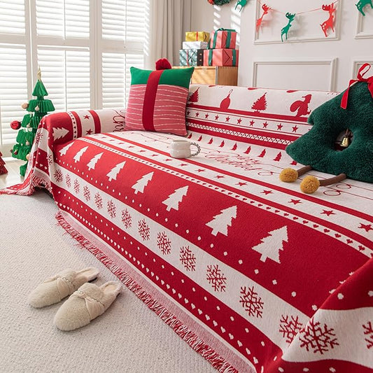 Christmas Couch Cover, Red Sofa Covers for 3 Cushion Couch, L Shape Sectional Protector for Dogs Washable, Reversible Throw Blanket Slipcover, Christmas Chair Decorations Gifts(71"x118", Red)