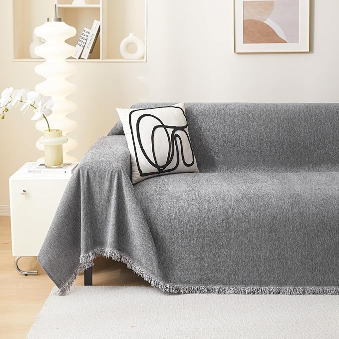 MEETSKY Grey Sofa Cover for Dogs Cats Tassel Edge Couch Cover Furniture Protectors Universal Couch Cover Thick Durable Sectional Couch Covers for 3 Cushion Couch, 91"x 118", Dark Grey
