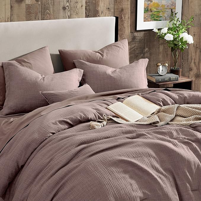 Geniospin Queen Comforter Set - 7 Pieces Comforter Queen Size, Soft Solid Bedding Set for All Season, Textured Bed in a Bag with Sheets, Pillowcases & Shams (Misty Rose, 90''x90'')