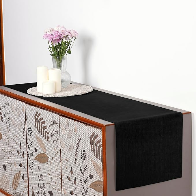 D'Moksha Homes Linen Black Table Runner 60 Inches - 100% Pure Linen Short Table Runner 14 x 60 Inch for Coffee Tables, Dresser, Fall, Thanksgiving, Holiday - Machine Washable
