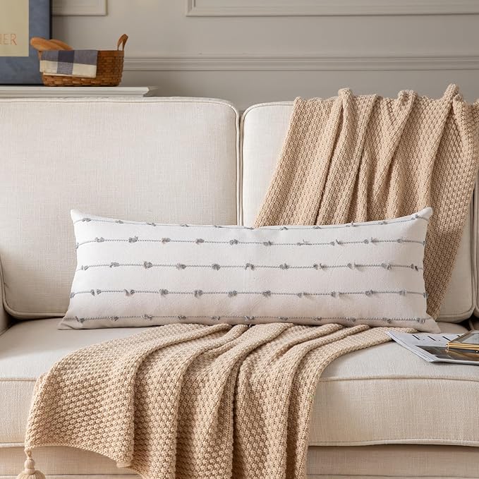 Caflife Boho Lumbar Throw Pillow Covers 14x36 inches Long, Farmhouse Decorative Body Lumbar Pillow for Bed and Sofa, Living Room Home Decor Couch Grey Lumbar Pillowcase, Pack of 1