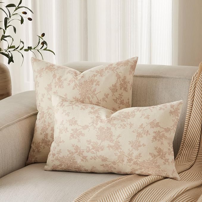 100% Cotton French Pastoral Throw Pillow Covers Set of 2, 24x24 Inch Taupe Farmhouse Decorative Cushion Covers for Sofa Bed Living Room Home Decor