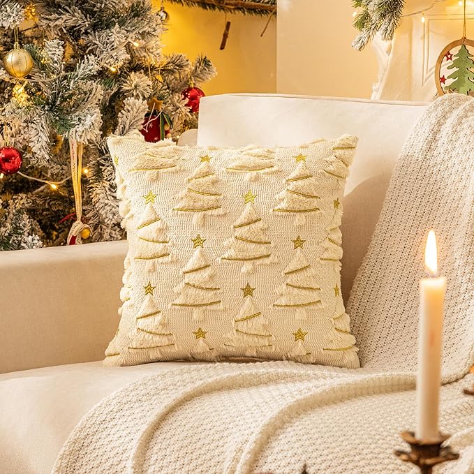 AQOTHES Christmas Tree Decorative Beige Throw Pillow Covers 18x18 Set of 2, Faux Fur Farmhouse Throw Pillows Cushion Cases for Xmas Winter Holiday Home Decor