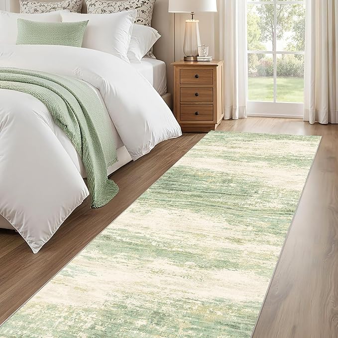 2.6x8 Modern Abstract Rug Washable Area Rugs for Living Room Bedroom Dining Room Non-Slip Low Pile Neutral Large Rug Soft Indoor Floor Carpet, Green