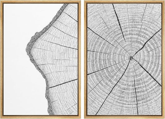 SIGNWIN Framed Canvas Print Wall Art Set Wood Grain Cross Section Minimalist Tree Ring Line Zen Bohemian for Living Room, Bedroom, Office - 24"x36"x2 NATURAL
