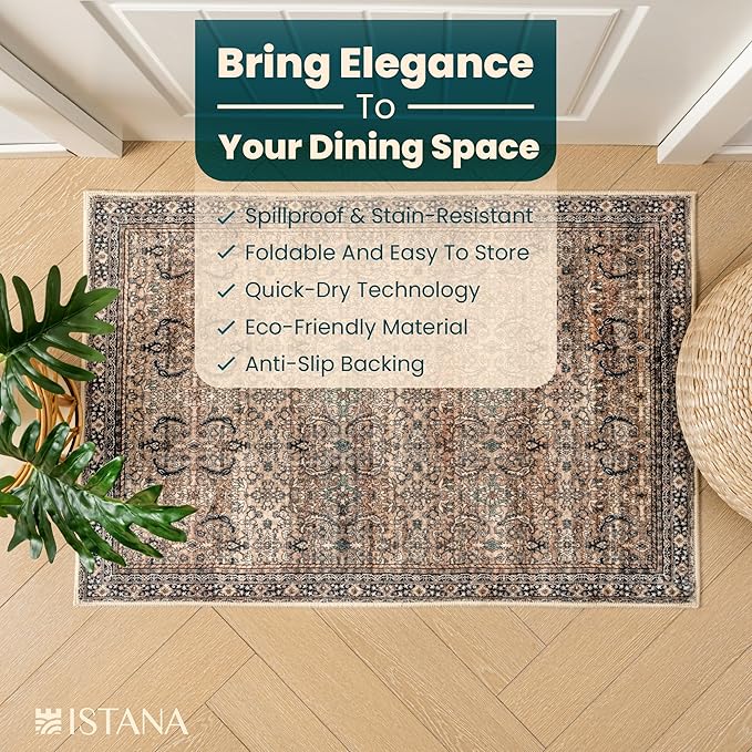 Istana Area Rug 2x4 - Olive & Charcoal 2x4 Washable Rug Non Slip - Pet Friendly Living Room Rug - Non Shedding Washable Rugs for Bedroom - Foldable Bathroom Rugs
