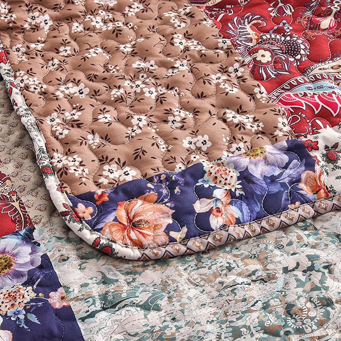 DURLENGEN Floral Quilt Set Queen Size 3Pcs, Bohemian Floral Plaid Styling Bedspread, All Season Lightweight Coverlet Sets(Queen 90x96, Navy Floral Plaid)
