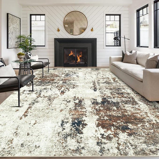 Living Room Rug 8x10 Rug, Machine Washable Modern Abstract Rug Soft Neutral Area Rug Non-Slip Stain Resistant Large Rugs for Living Room Dining Room Bedroom Dorm Office(Brown,8'x10')