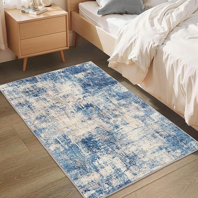 2x3 Modern Abstract Rug Washable Area Rugs for Living Room Bedroom Dining Room Non-Slip Low Pile Neutral Large Rug Soft Indoor Floor Carpet, Blue