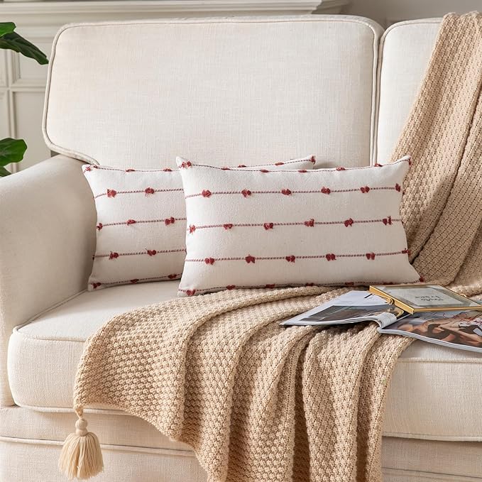 Caflife Boho Throw Pillow Covers 12x20 inches Beige and Rust, Set of 2 Modern Farmhouse Decorative Pillow Covers for Couch Bed, Living Room