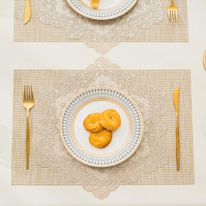 BACKTOEDEN Placemats Set of 6 Heat Resistant Washable Wipeable Placemats Woven Non-Slip Foldable Vinyl/Plastic Placemat Indoor/Outdoor Place Mats Kitchen Dining Table Mats, Gold Snowflake & Beige