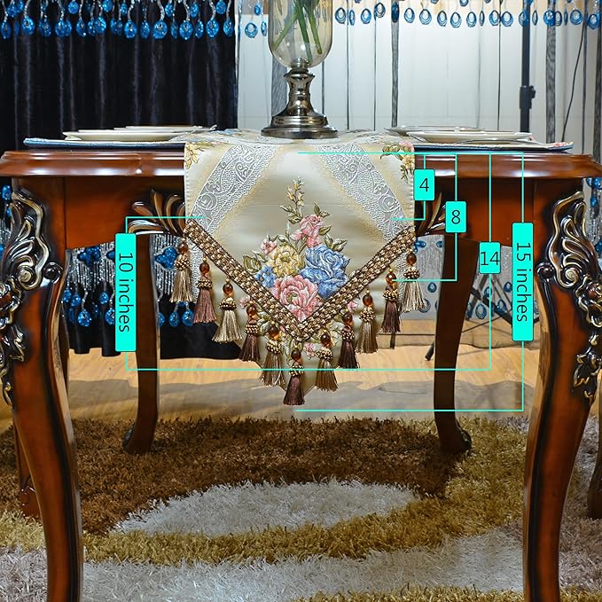 Extra Luxury Velvet Beige Table Runner 72 Inches Long with Vintage Damask Jacquard Design for Dining Room,Living Room,Home Decor,Elegant Beaded Tapestry (X-Beige, 13×72 inch)