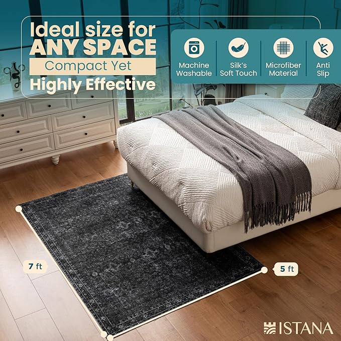Istana 5x7 Area Rug - Black Rugs for Living Room 5x7 - Foldable Rugs for Bedroom - Stain Resistant Washable Rug - Eco-Friendly Boho Area Rugs - Easy to Clean Living Room Rug